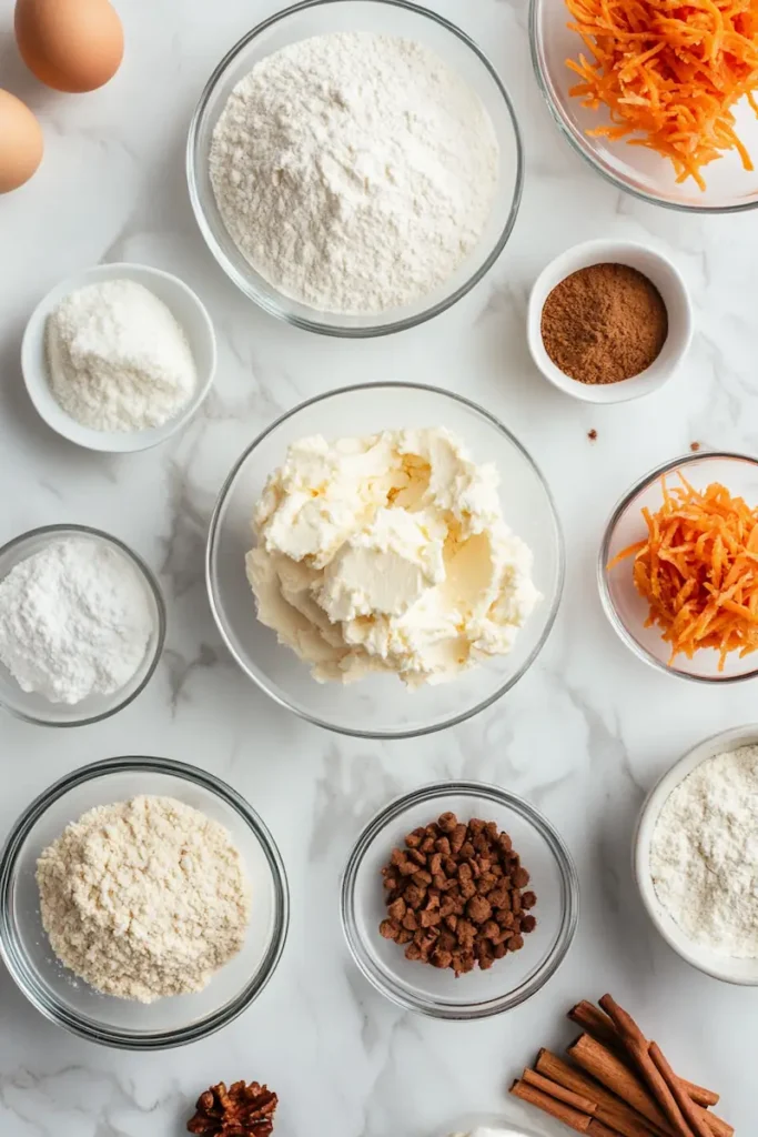 Ingredients for carrot cake cookies with cream cheese frosting arranged on a clean kitchen counter.