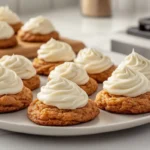 A plate of carrot cake cookies with cream cheese frosting in a clean modern American kitchen.