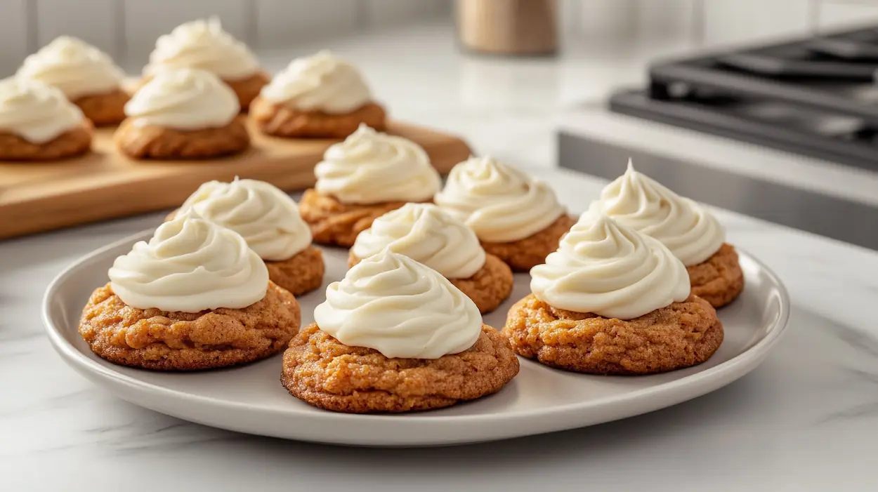 A plate of carrot cake cookies with cream cheese frosting in a clean modern American kitchen.