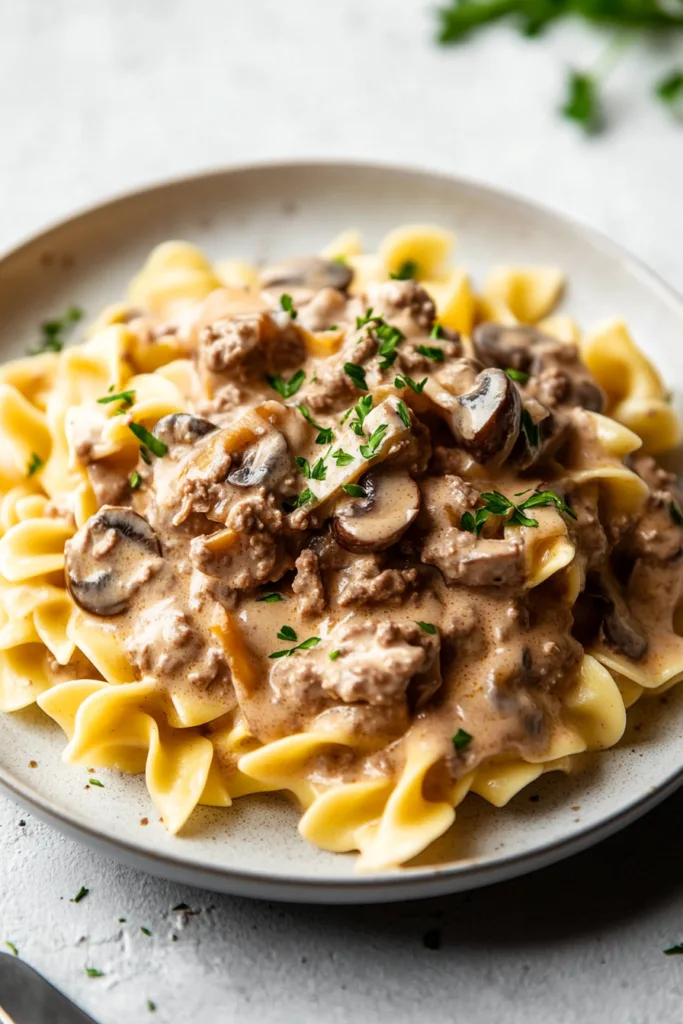 Budget-friendly ground beef stroganoff served over egg noodles for an easy dinner
