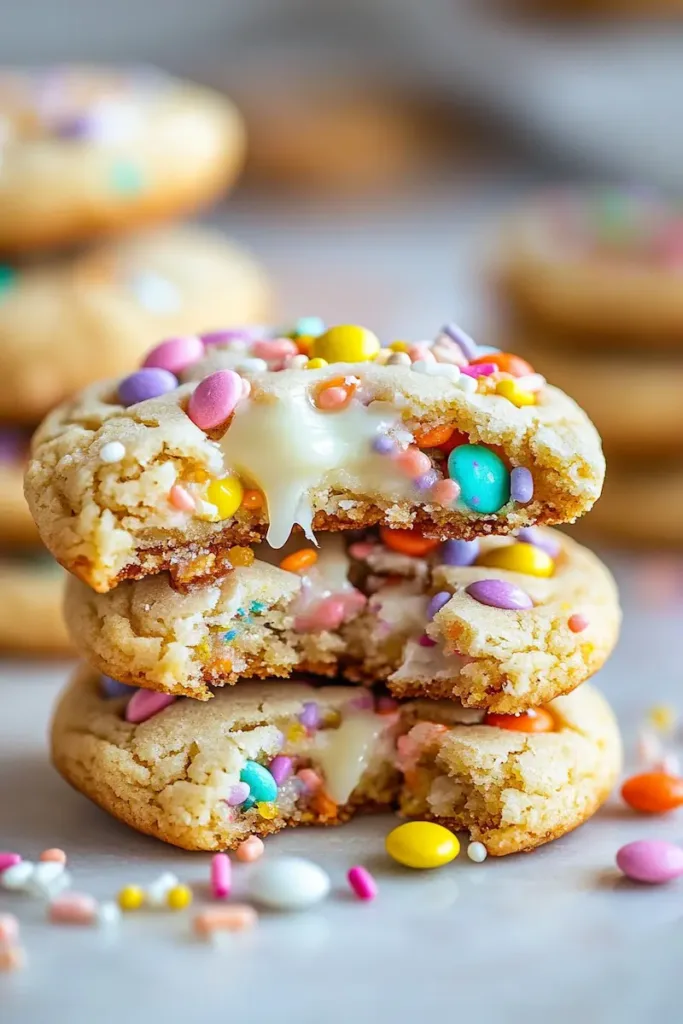 Close-up of a soft Easter cookie showing gooey white chocolate and pastel candy pieces