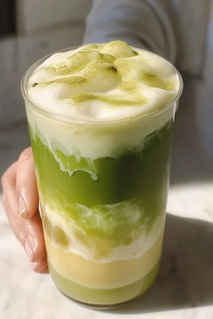 Matcha Tea Cloud Latte Recipe 2 Close-up of a creamy matcha tea cloud latte with fluffy foam topping and vibrant green layered texture.