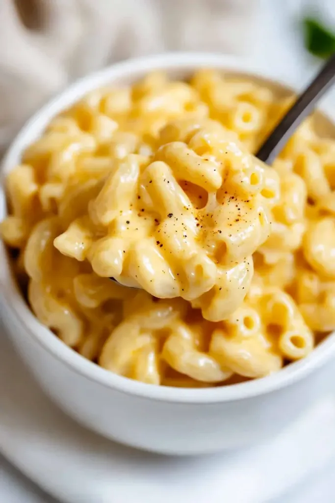 Close-up Pinterest image of microwave mac and cheese in a mug with rich creamy cheddar texture.