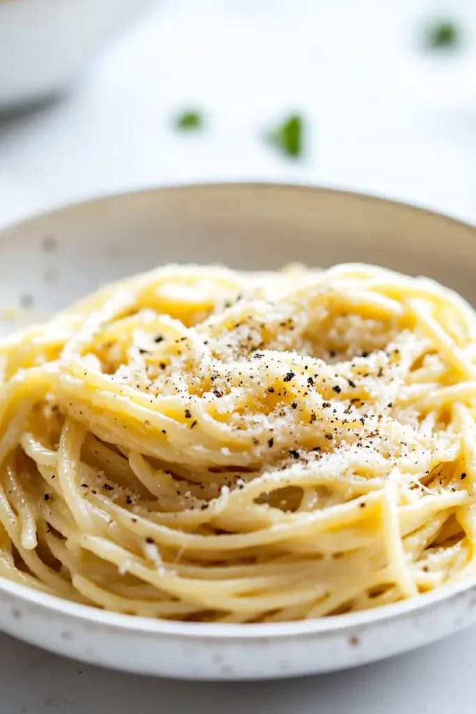 Close-up of creamy microwave pasta for one with melted butter and Parmesan in a bright modern American kitchen.