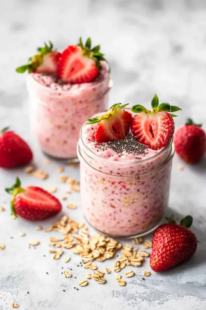 Creamy strawberry overnight oats in jars topped with fresh strawberries for an easy healthy meal prep breakfast.