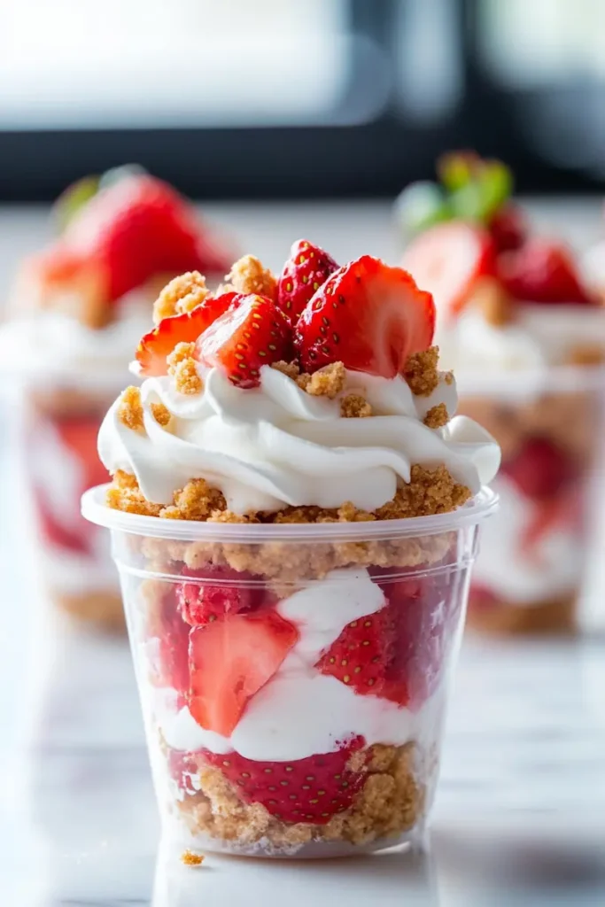 Close-up Pinterest-style image of strawberry shortcake pudding cups in clear plastic cups highlighting creamy cheesecake pudding, crunchy Golden Oreo strawberry crumbs, fresh strawberries, and whipped topping in a bright modern kitchen.