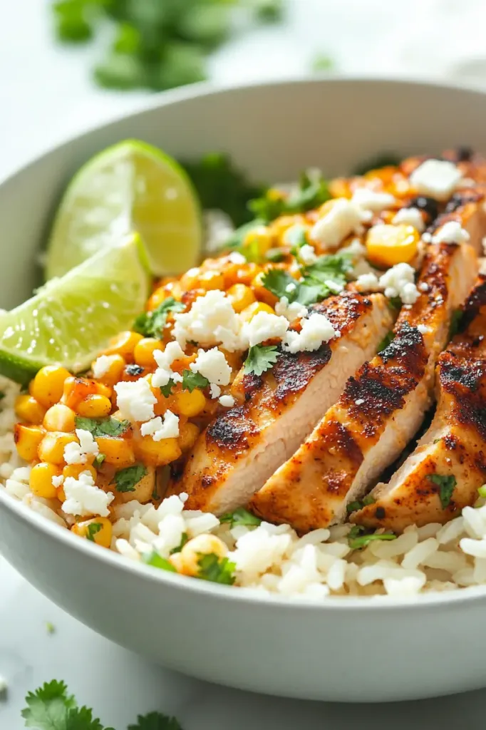 Close-up of a street corn chicken rice bowl showing juicy chicken, creamy cheesy corn topping, and fluffy rice in a bright modern kitchen.