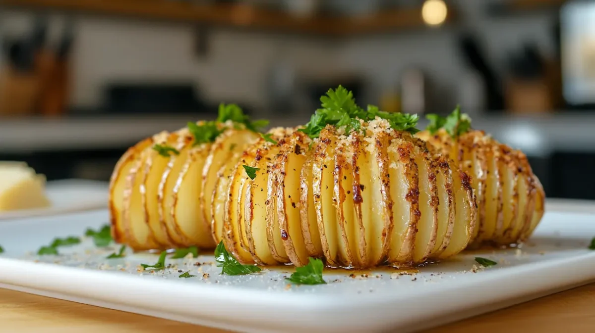 Accordion Potatoes Recipe: Crispy, Easy, Delicious 1 Crispy golden accordion potatoes plated in a bright modern American kitchen with buttery garlic seasoning and parsley.