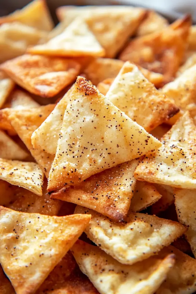 Close-up of crispy air fryer pita chips with golden crunchy edges in a clean modern American kitchen.