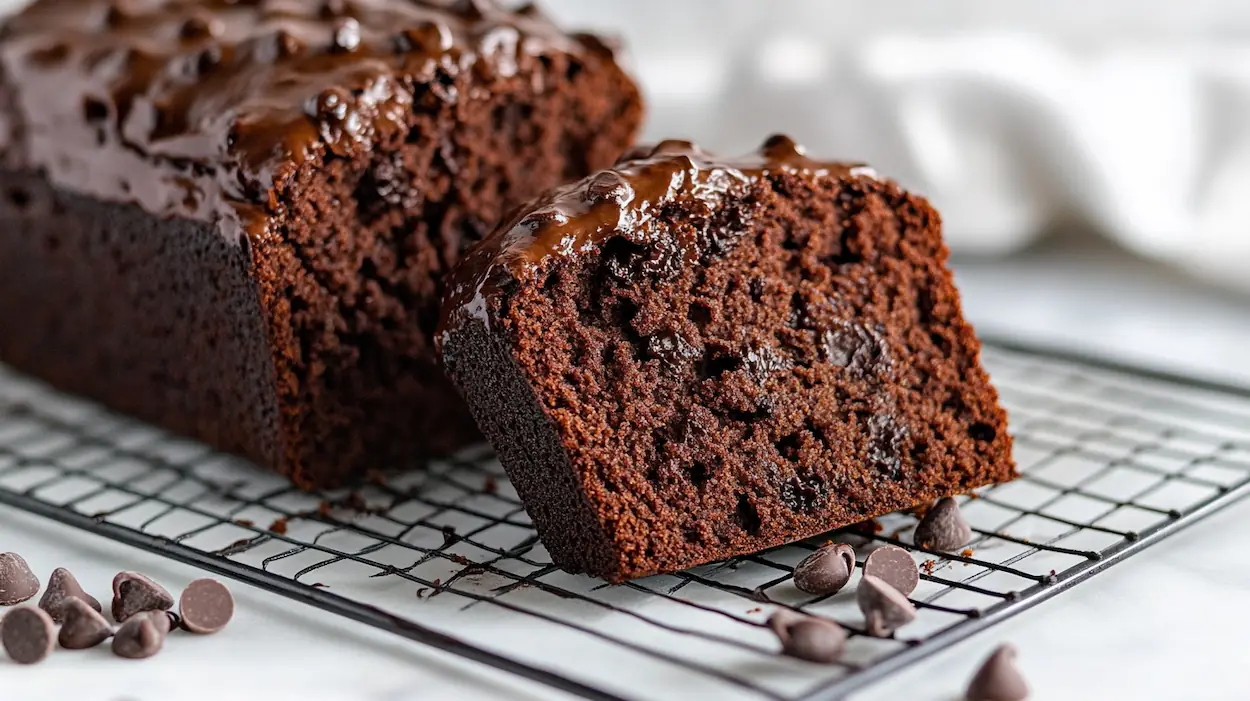 A sliced loaf of double chocolate zucchini bread topped with chocolate chips on a cooling rack.