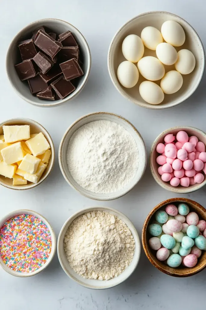 Ingredients for Easter cookies arranged neatly on a white counter with pastel candies and sprinkles