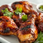 Sticky bbq chicken drumsticks on a baking sheet with caramelized barbecue sauce