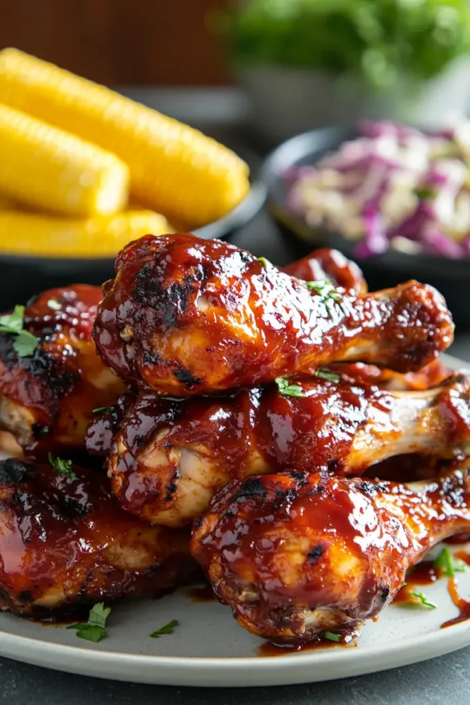 Easy bbq chicken drumsticks served with coleslaw and corn for dinner