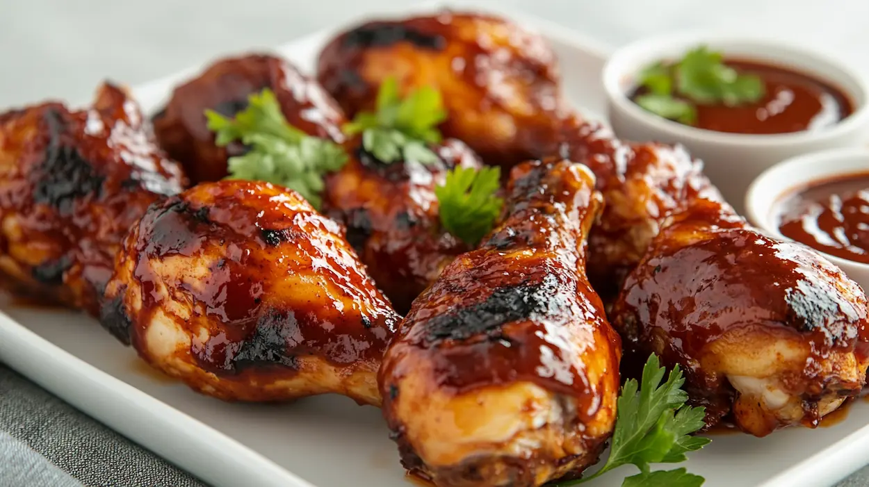 Sticky bbq chicken drumsticks on a baking sheet with caramelized barbecue sauce