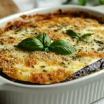 Baked eggplant parmesan in a casserole dish with melted cheese and marinara sauce