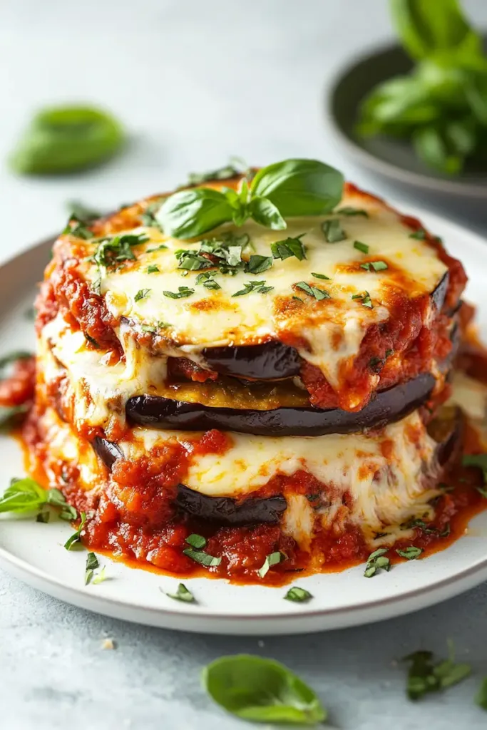 Golden baked eggplant parmesan served with extra sauce and fresh basil