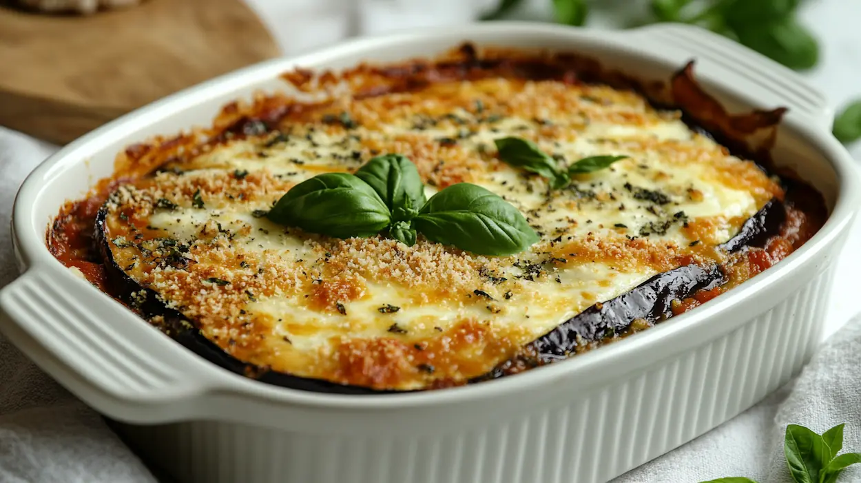 Baked eggplant parmesan in a casserole dish with melted cheese and marinara sauce