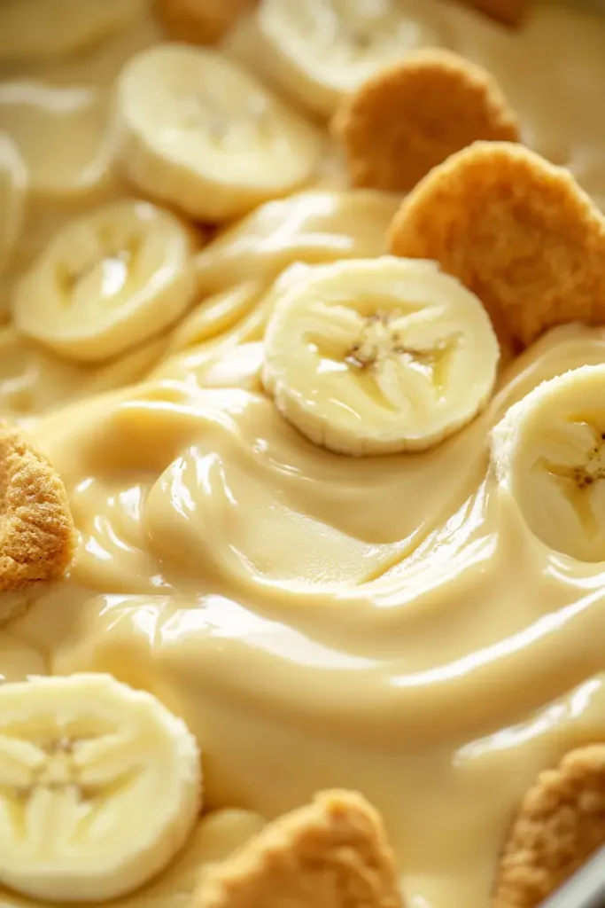 Homemade easy banana pudding with creamy vanilla pudding, banana slices, and vanilla wafers in a close-up vertical shot