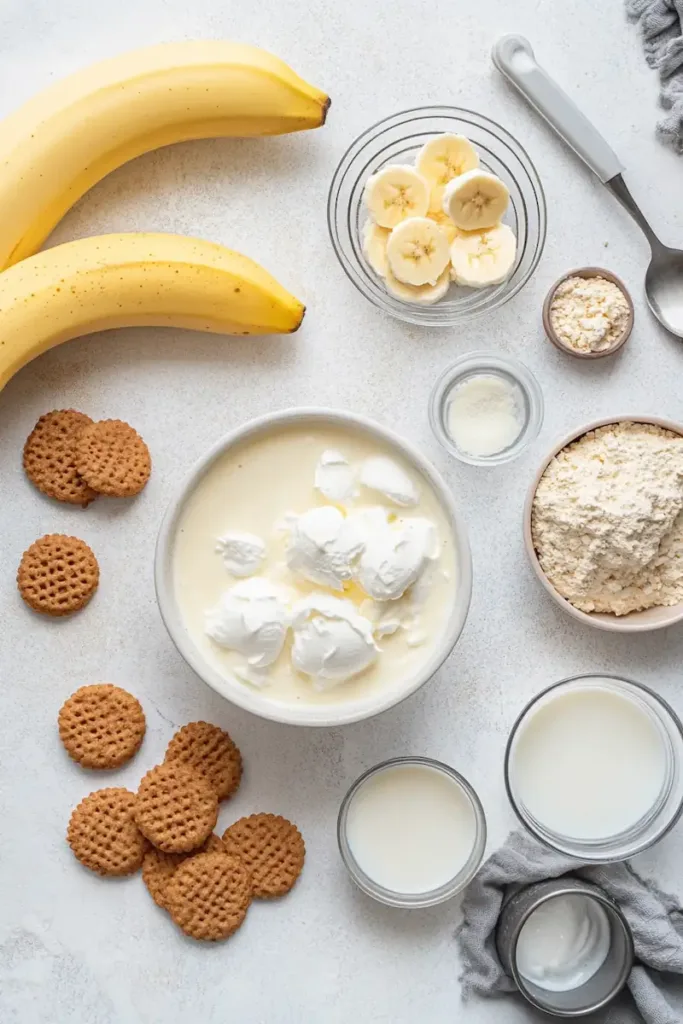 Ingredients for easy banana pudding including bananas, vanilla wafers, pudding mix, milk, sweetened condensed milk, and whipped topping