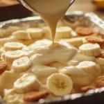 Creamy easy banana pudding being poured over sliced bananas and vanilla wafers in a foil pan