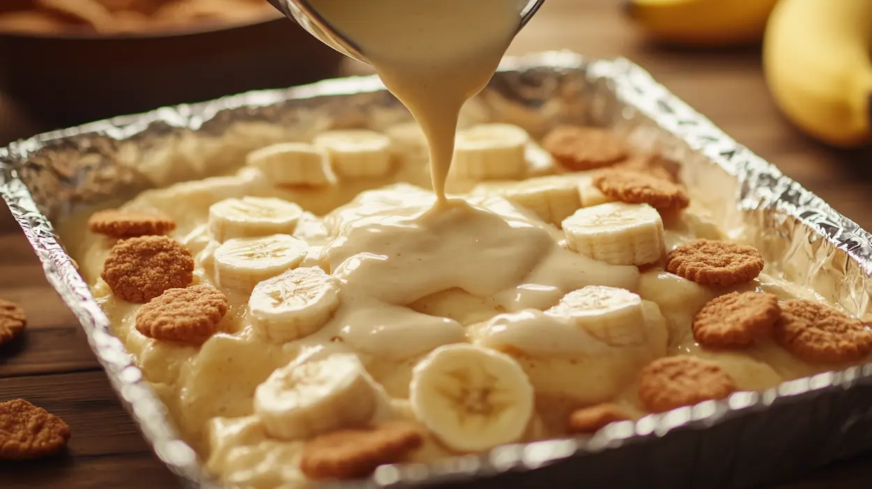 Creamy easy banana pudding being poured over sliced bananas and vanilla wafers in a foil pan