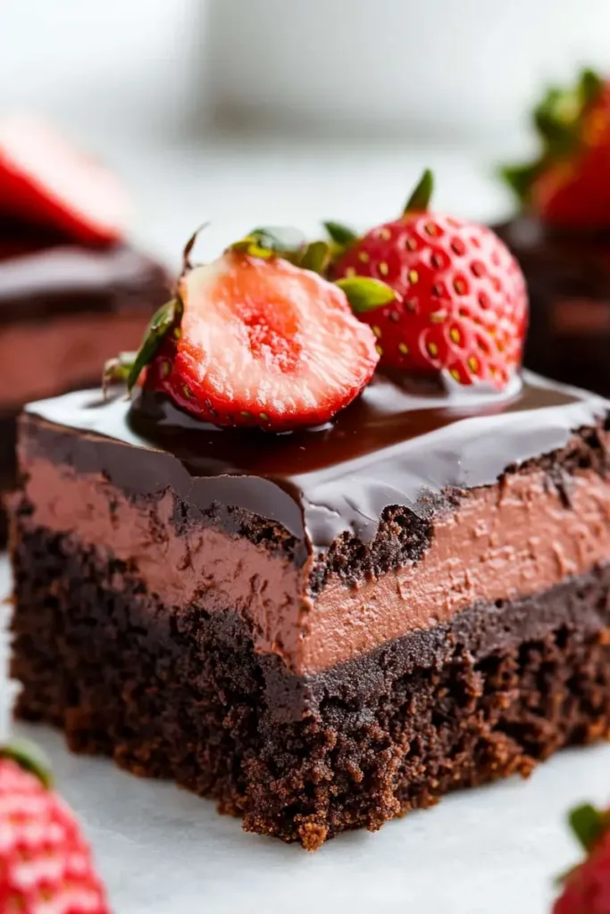 Fudgy chocolate covered strawberry brownies topped with fresh strawberries and glossy chocolate ganache.