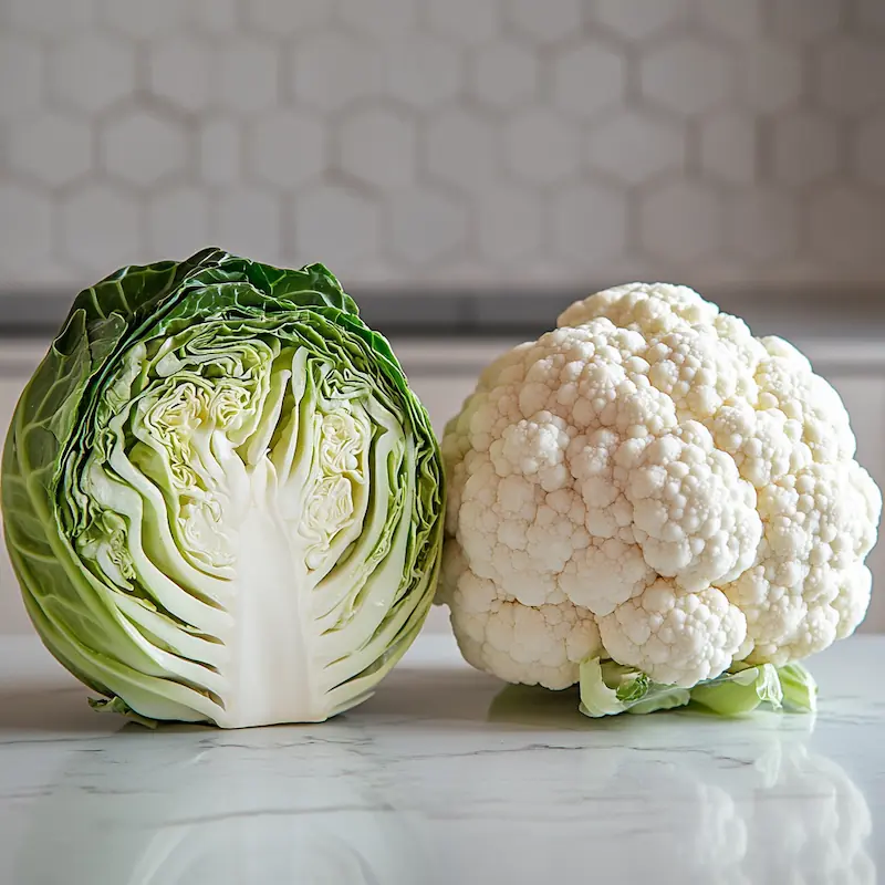 Cabbage vs Cauliflower: Which Is Better? 2 Sliced green cabbage and cut cauliflower side by side on a clean kitchen countertop.