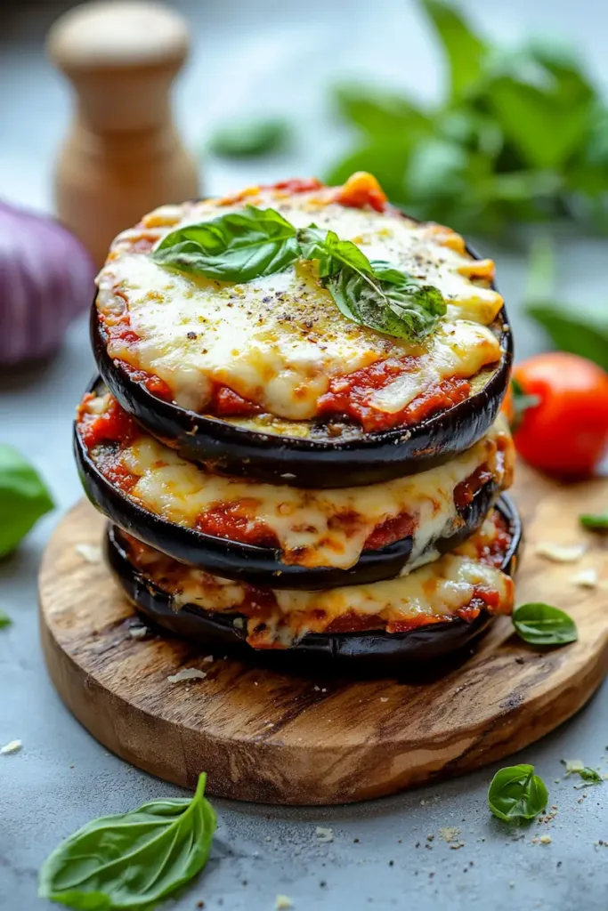 Vertical image of cheesy baked eggplant pizza slices with marinara and basil styled for Pinterest.