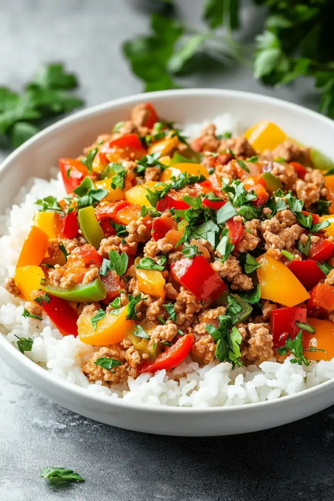 Healthy Ground Turkey and Peppers skillet with colorful bell peppers, lean turkey, tomato sauce, and fresh herbs served as an easy dinner.