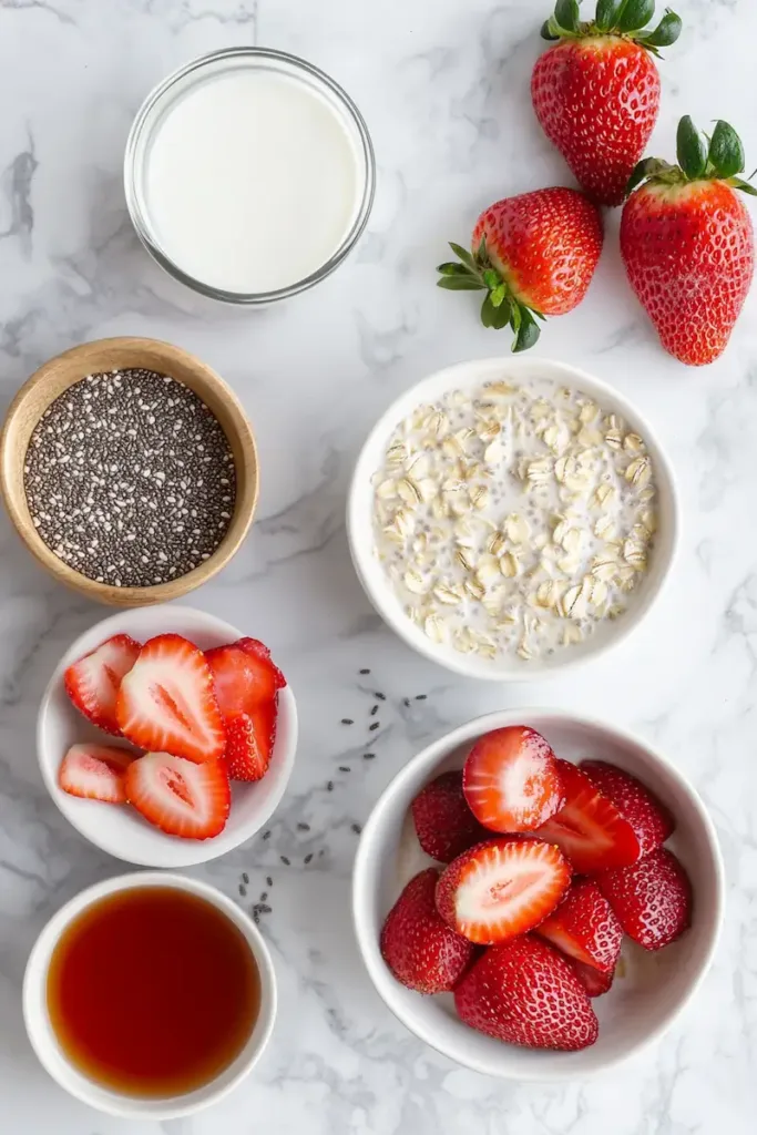 Ingredients for strawberry overnight oats including rolled oats, strawberries, yogurt, milk, chia seeds, and maple syrup.