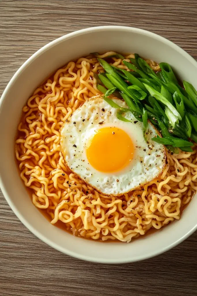 A vertical food photo of microwave ramen with egg styled in a simple bowl with fresh toppings