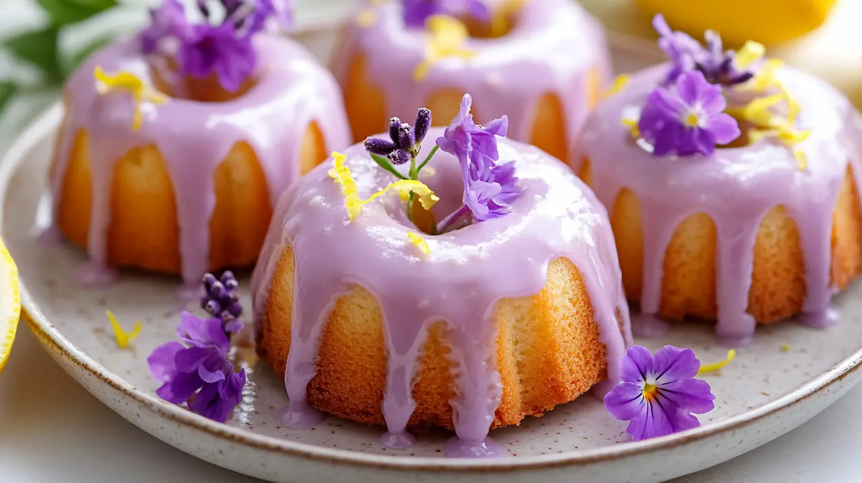 Mini lemon bundt cakes with glossy lavender glaze, lemon zest, and edible flowers on a serving plate in natural light.