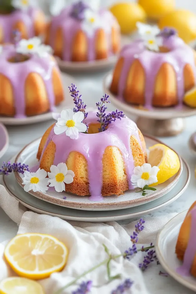 Mini lemon bundt cakes topped with lavender glaze and lemon zest, styled for a bright spring dessert table.
