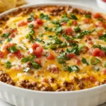 Creamy Rotel dip with ground beef and sour cream served warm with tortilla chips.