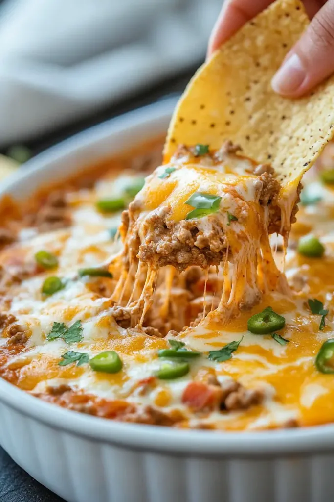 A bowl of creamy Rotel dip with ground beef and sour cream served with tortilla chips.