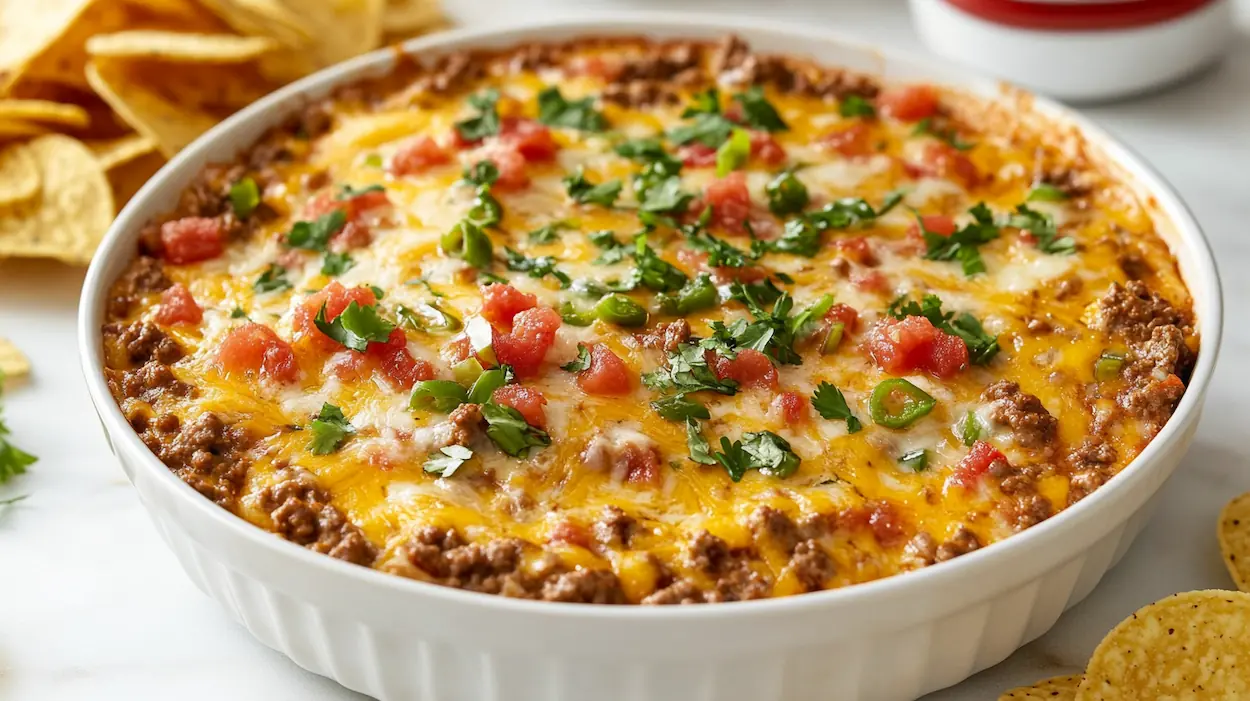 Creamy Rotel dip with ground beef and sour cream served warm with tortilla chips.