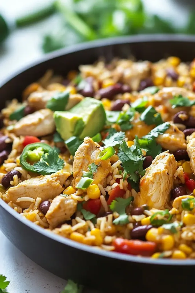 Cheesy salsa verde chicken and rice skillet with avocado, cilantro, beans, corn, and lime served in a black skillet.