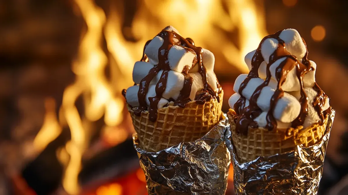 Gooey s’mores cones filled with melted chocolate and marshmallows, wrapped in foil for an easy campfire dessert