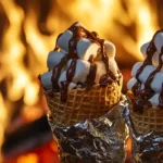Gooey s’mores cones filled with melted chocolate and marshmallows, wrapped in foil for an easy campfire dessert