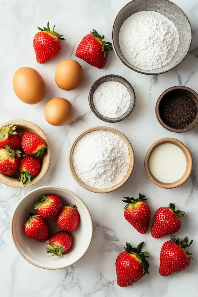 Ingredients for easy strawberry bread arranged on a light surface, including fresh strawberries, flour, sugar, eggs, milk, butter, and powdered sugar.