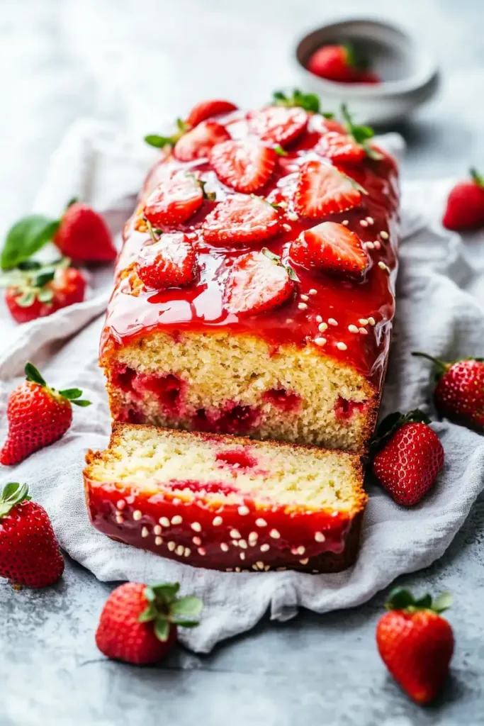 Vertical Pinterest image of easy strawberry bread with strawberry glaze, sliced pieces, and fresh strawberries in bright natural light.