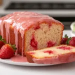 A moist easy strawberry bread loaf topped with strawberry glaze, sliced on a white plate with fresh strawberries nearby.
