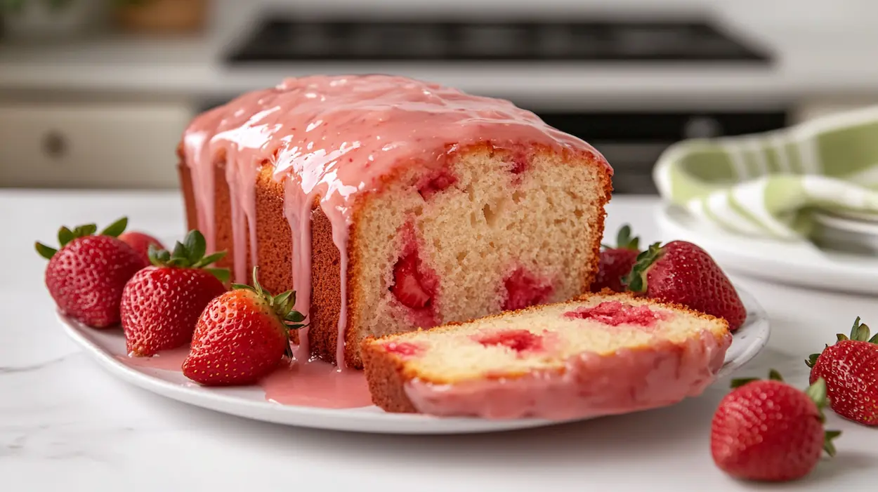 A moist easy strawberry bread loaf topped with strawberry glaze, sliced on a white plate with fresh strawberries nearby.