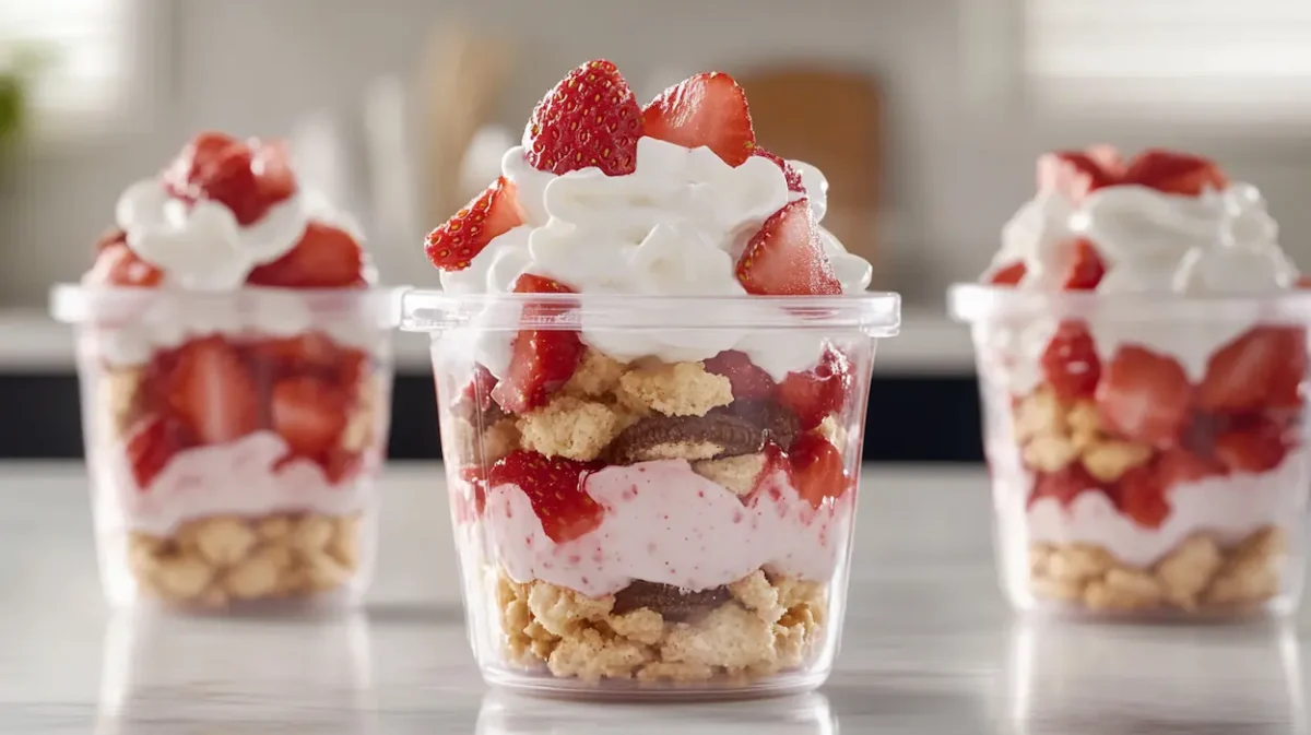 Hero image of easy strawberry shortcake pudding cups in clear plastic cups with layers of cheesecake pudding, Golden Oreo strawberry crumbs, fresh strawberries, and whipped topping in a modern American kitchen.