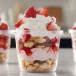 Hero image of easy strawberry shortcake pudding cups in clear plastic cups with layers of cheesecake pudding, Golden Oreo strawberry crumbs, fresh strawberries, and whipped topping in a modern American kitchen.