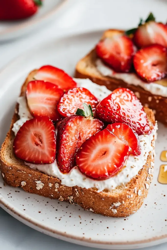 Strawberry yogurt toast with creamy baked yogurt custard and fresh strawberries on crisp golden bread.