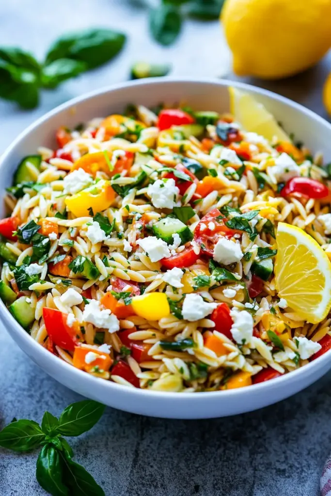 Colorful summer rainbow orzo salad with orzo, fresh vegetables, feta, herbs, and lemon dressing in a white bowl.