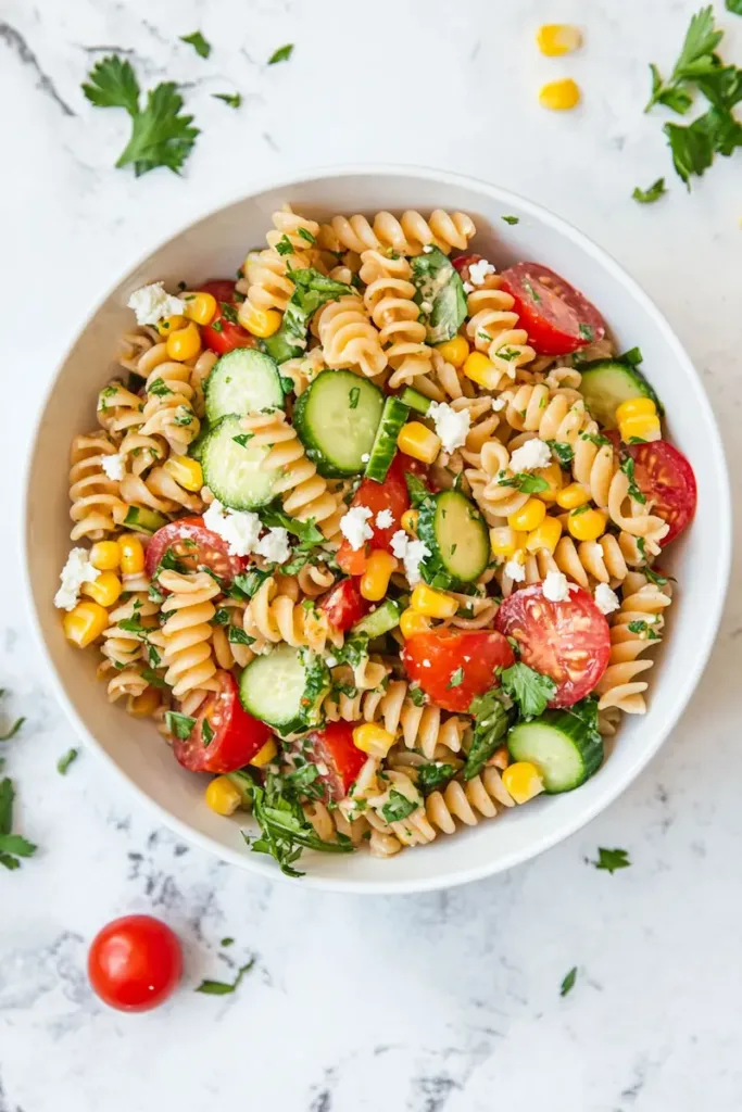 Colorful Summer Vegetable Pasta Salad with rotini pasta, fresh vegetables, herbs, feta, and tangy vinaigrette in a white bowl.