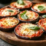 Baked eggplant pizza slices topped with marinara, melted cheese, and fresh basil on a serving platter.