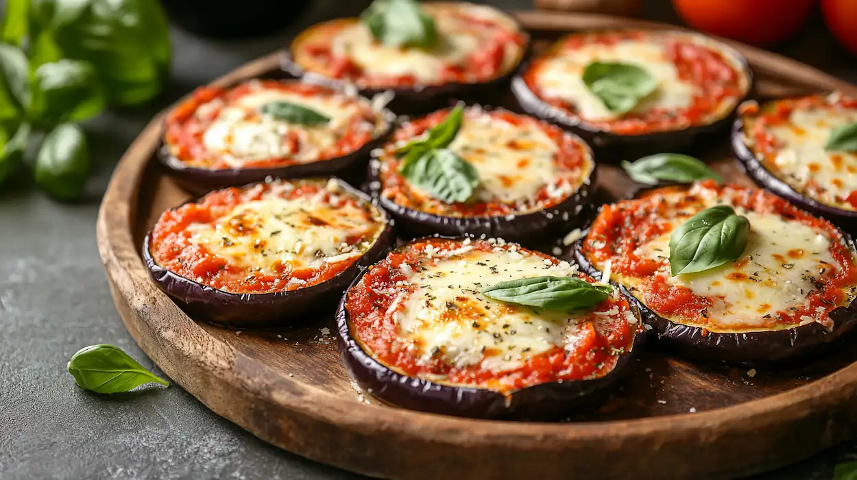 Baked eggplant pizza slices topped with marinara, melted cheese, and fresh basil on a serving platter.